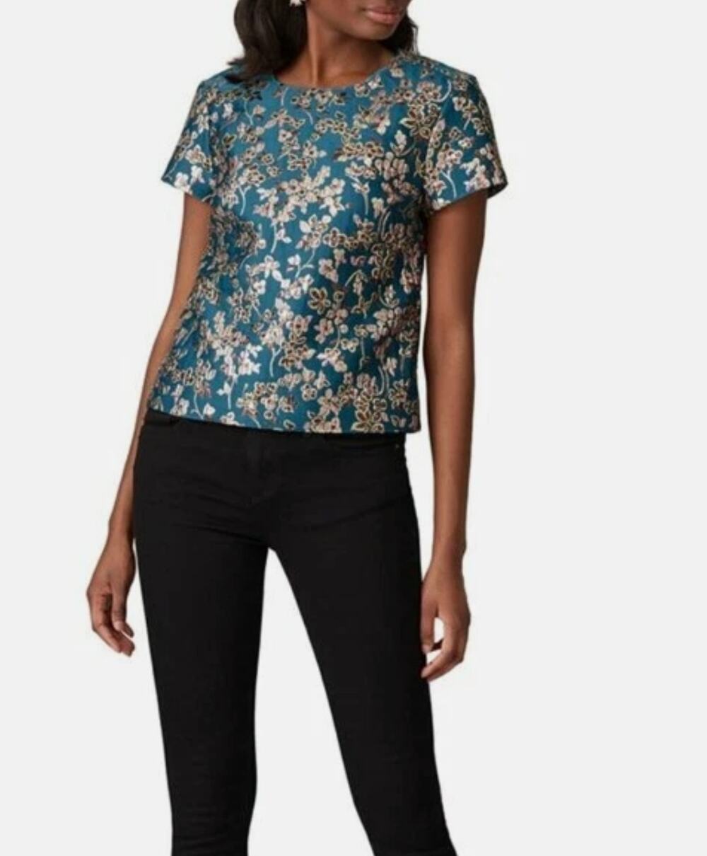 J.Crew Collection Womens L Blue Gold Cherry Blossom Jacquard Top AE863 NEW